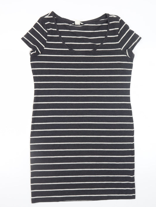 H&M Women Black Stripe Bodycon Dress Size 14 Short Sleeve Jersey