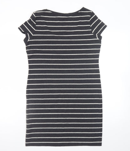 H&M Women Black Stripe Bodycon Dress Size 14 Short Sleeve Jersey