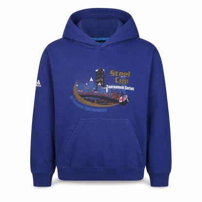 Front view of Adidas boys’ blue pullover hoodie yl steel cup graphic sweatshirt