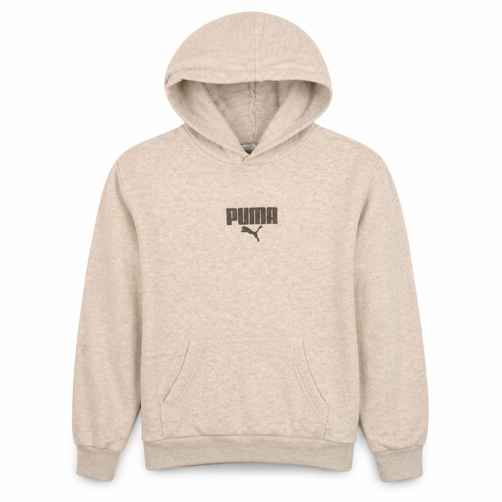 Front view of Puma boys’ beige pullover hoodie, size 16, years logo fleece sweatshirt
