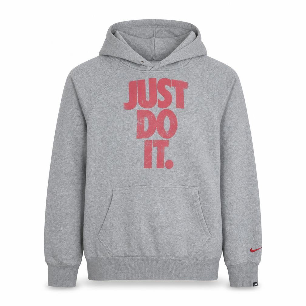 Front view of Nike boys’ grey hoodie small just do it pullover cotton blend fleece