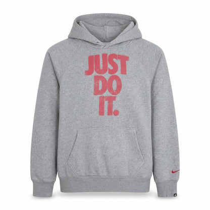 Front view of Nike boys’ grey hoodie small just do it pullover cotton blend fleece