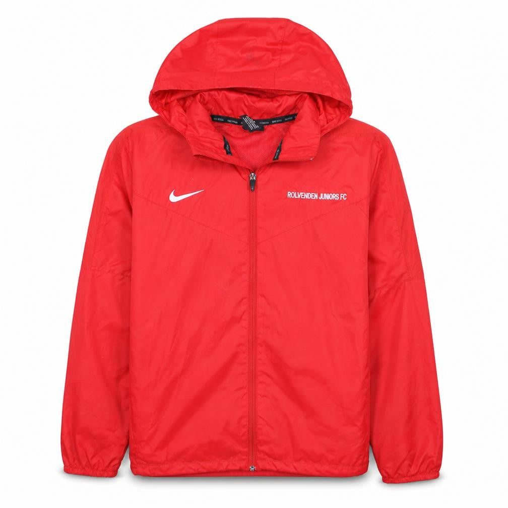 Front view of Nike boys’ red windbreaker football jacket 13-15 years hooded full zip