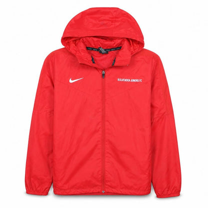 Front view of Nike boys’ red windbreaker football jacket 13-15 years hooded full zip