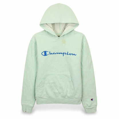 Front view of Champion boys’ green pullover hoodie l fleece logo sweatshirt