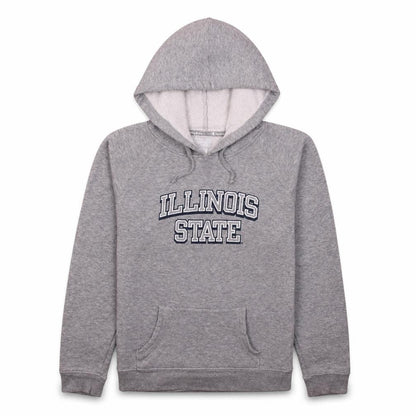 Front view of Champion boys’ grey illinois state pullover hoodie, size L, fleece cotton blend