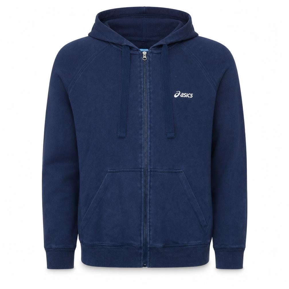 Front view of Asics Men's Blue Full Zip Hoodie, size L, Sports Fleece Sweatshirt