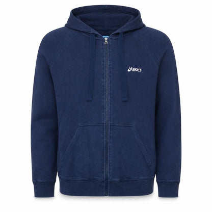 Front view of Asics Men's Blue Full Zip Hoodie, size L, Sports Fleece Sweatshirt