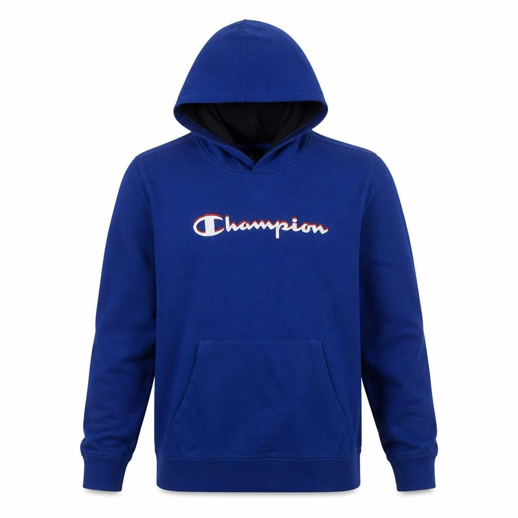 Front view of Champion boys’ blue pullover hoodie 15-16 years logo fleece sweatshirt