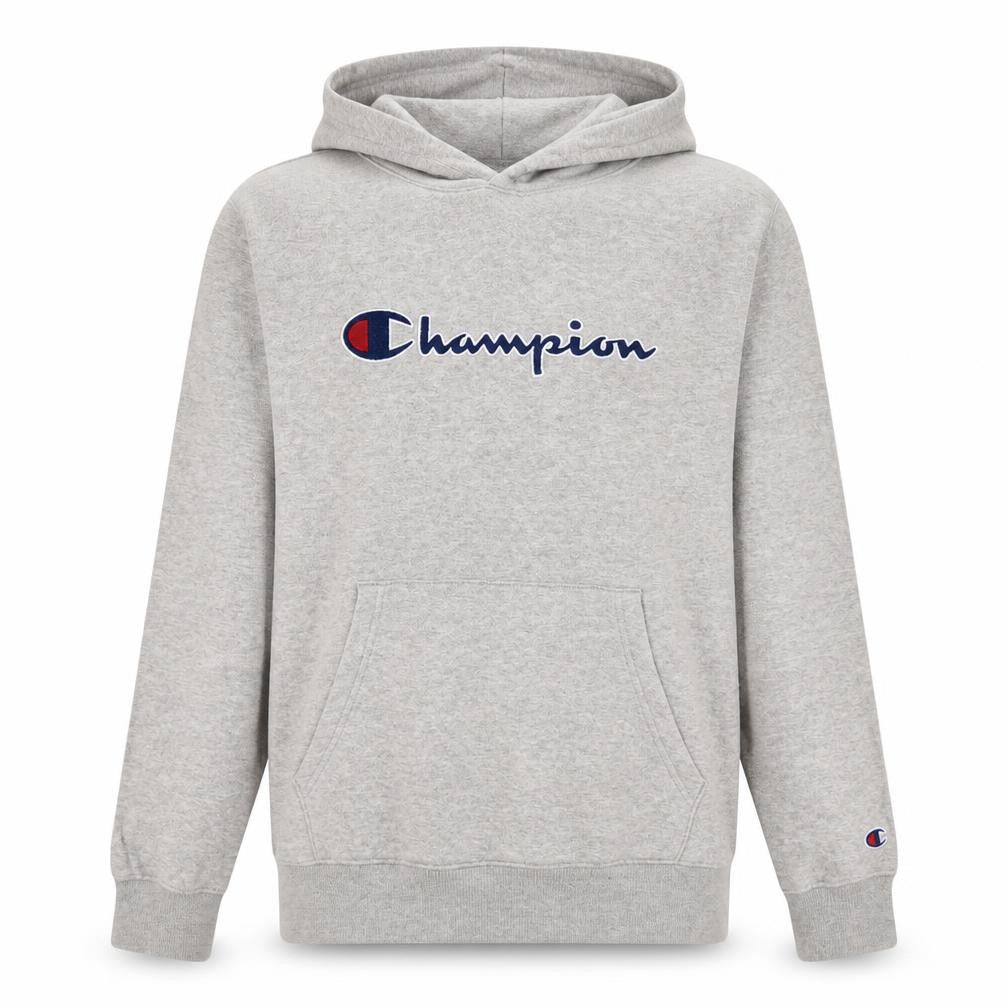 Front view of Champion boys’ grey pullover hoodie 2xl 15-16 years fleece logo sweatshirt