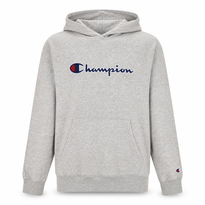 Front view of Champion boys’ grey pullover hoodie 2xl 15-16 years fleece logo sweatshirt