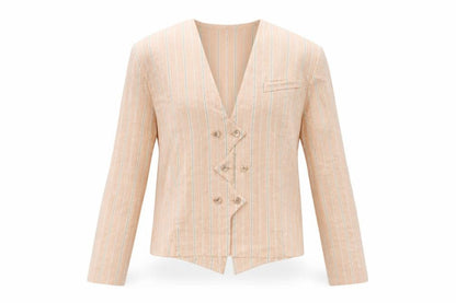 Jean Paul Women's Beige Striped Double-Breasted Blazer Size 12 Linen Blend