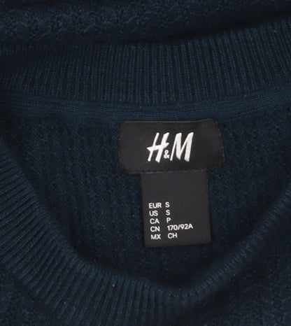 H&M Men’s Blue Cotton Blend Waffle-Knit Crew Neck Jumper Size S