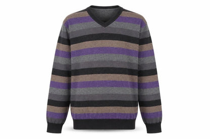 Jeff Banks Men's Multicoloured Striped V-Neck Cotton Cashmere Jumper L