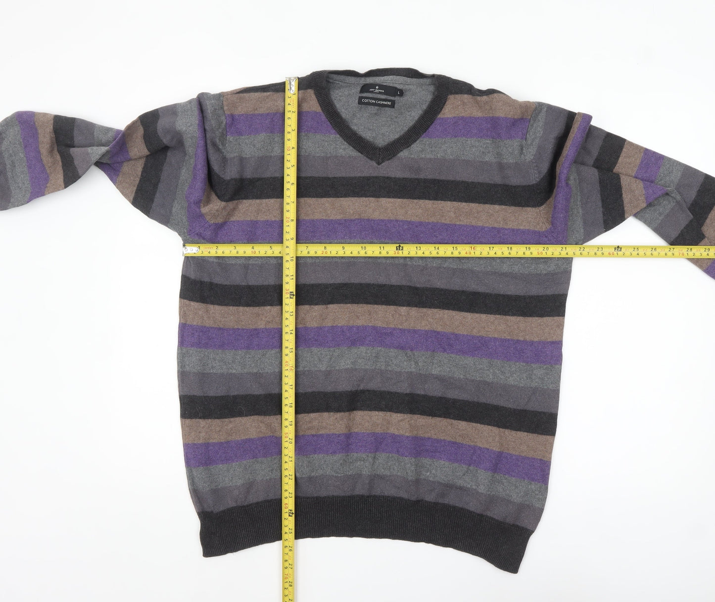 Jeff Banks Men's Multicoloured Striped V-Neck Cotton Cashmere Jumper L
