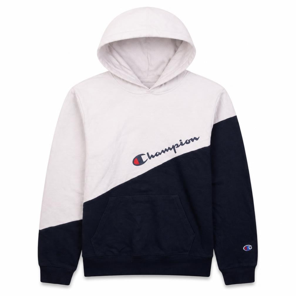 Front view of Champion boys’ white & blue pullover hoodie xl colourblock fleece sweatshirt