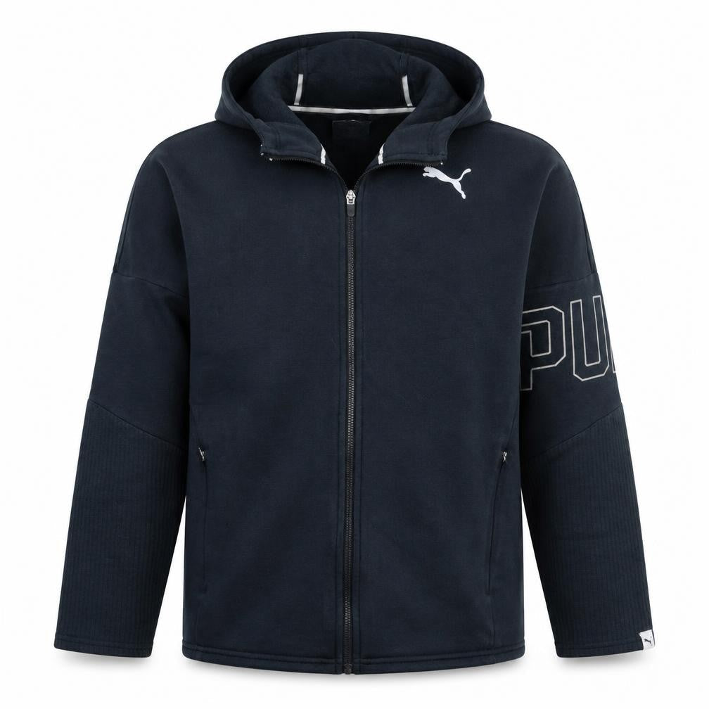 Front view of Puma Men's Black Full Zip Hoodie, size S, Lightweight Sportswear