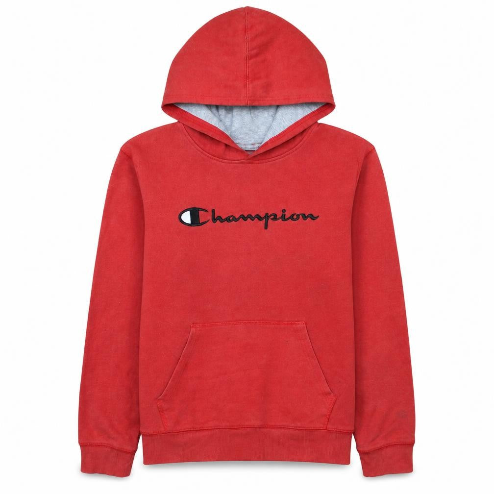 Front view of Champion boys’ red pullover hoodie xl cotton blend fleece sweatshirt