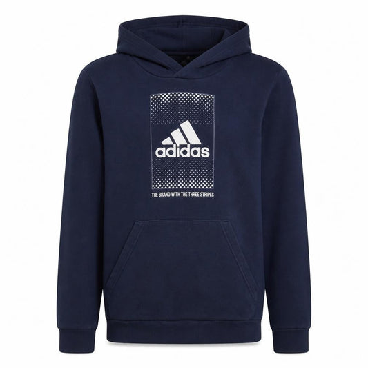 Front view of Adidas boys’ blue pullover hoodie 14 years regular fit graphic print