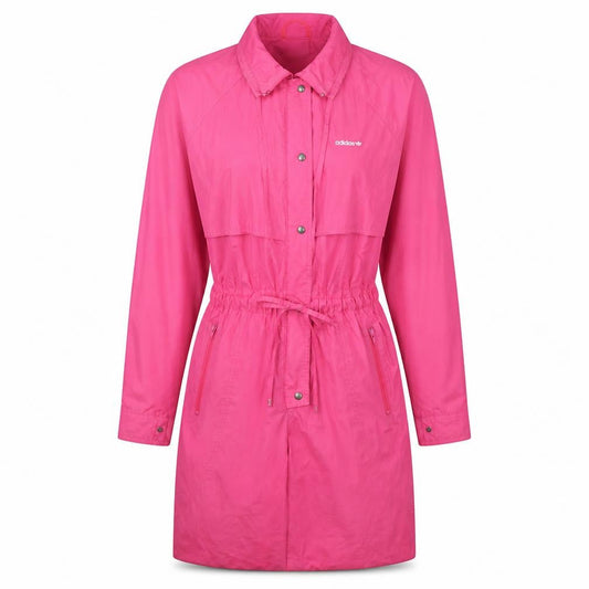 Front view of Adidas Women's Pink Long Rain Coat, size 10, Lightweight Retro