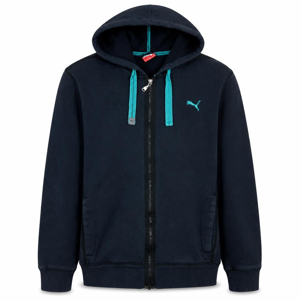 Front view of Puma Men's Blue Full Zip Hoodie, size M, Sports Fleece Sweatshirt