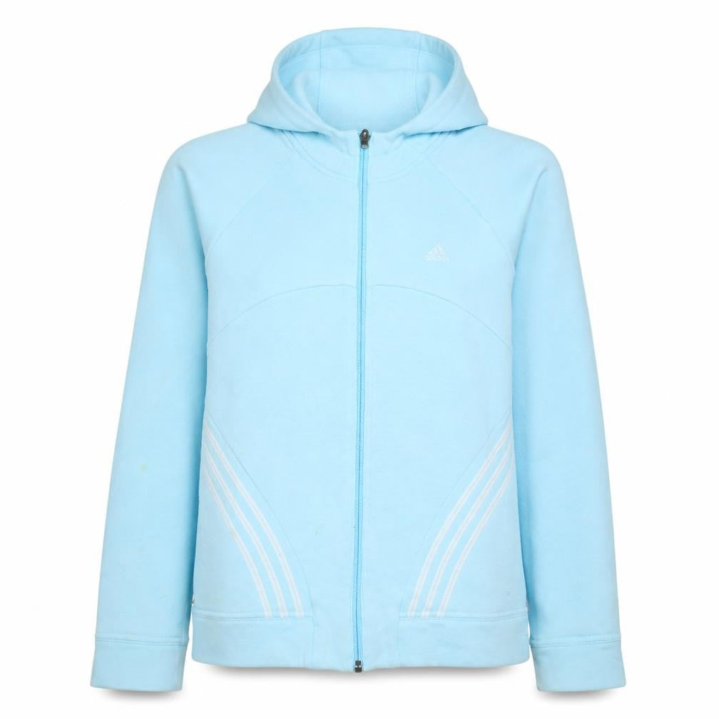 Front view of Adidas women’s blue full zip hoodie, size UK 12, cotton blend sportswear