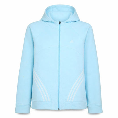 Front view of Adidas women’s blue full zip hoodie, size UK 12, cotton blend sportswear