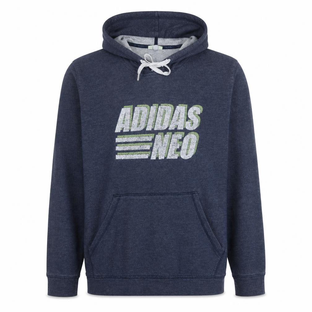 Front view of Adidas Neo Men's Blue Pullover Hoodie XL Graphic Print Sportswear