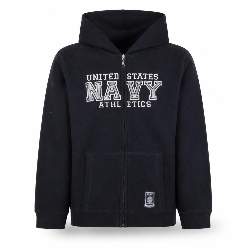 Front view of Champion boys’ navy full zip hoodie 11-12 years fleece athletic sweatshirt