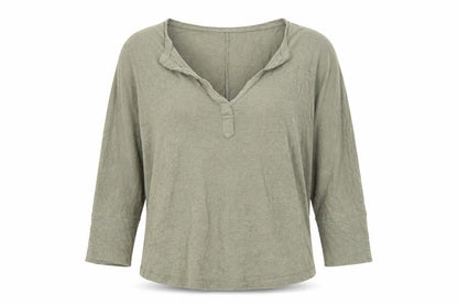 Notshy Women’s Green Linen Henley Tunic Top Size S 3/4 Sleeve Casual