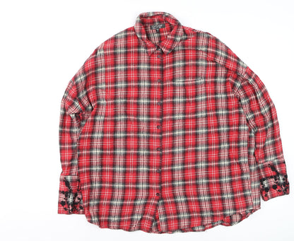 Topshop Women's Red Plaid Embroidered Cotton Flannel Shirt UK 8