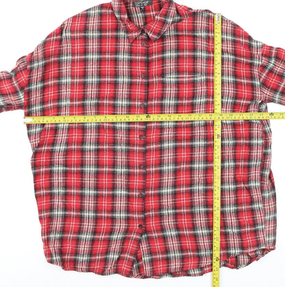 Topshop Women's Red Plaid Embroidered Cotton Flannel Shirt UK 8