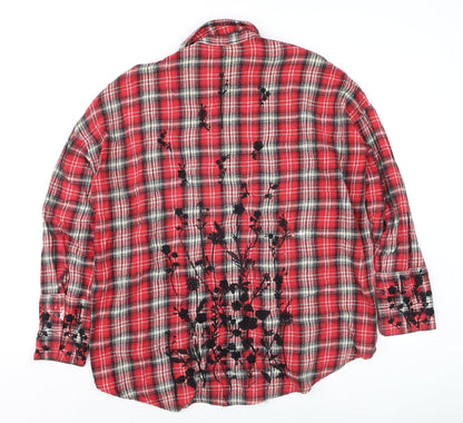 Topshop Women's Red Plaid Embroidered Cotton Flannel Shirt UK 8