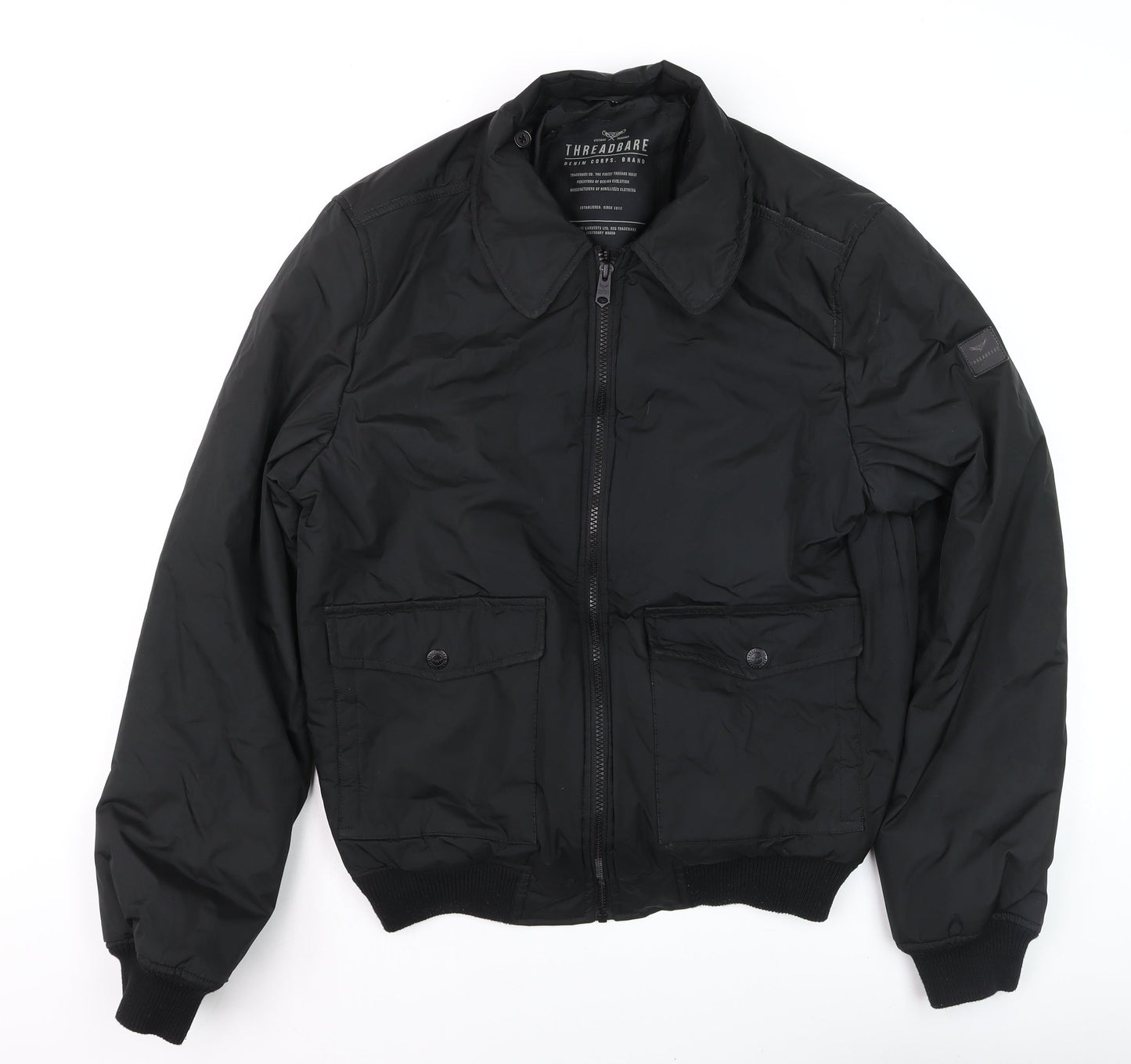 Threadbare Men's Black Bomber Jacket Size M Polyester Zip Casual