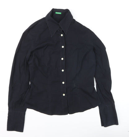 Womens UK Size M Benetton Black Basic Button-Up