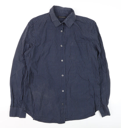French Connection Men's Blue Striped Long Sleeve Cotton Shirt Size L
