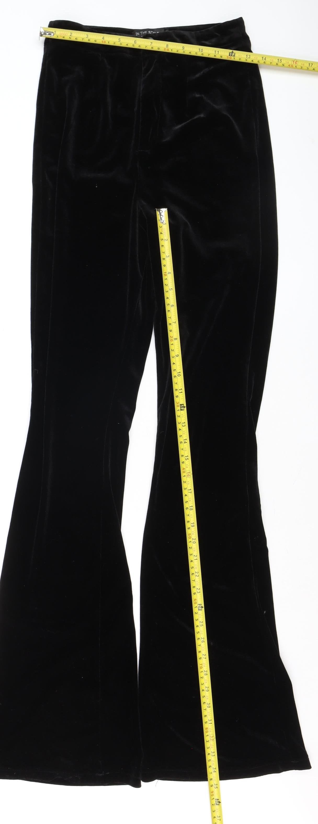 In The Style Womens Black Velvet Flared Trousers Size 6 Tall