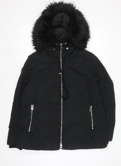 Zara Women Black Mid-Length Puffer Jacket with Faux Fur Hood Size 12