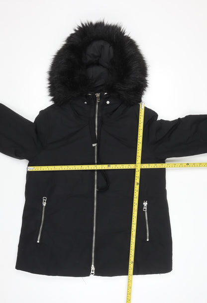 Zara Women Black Mid-Length Puffer Jacket with Faux Fur Hood Size 12