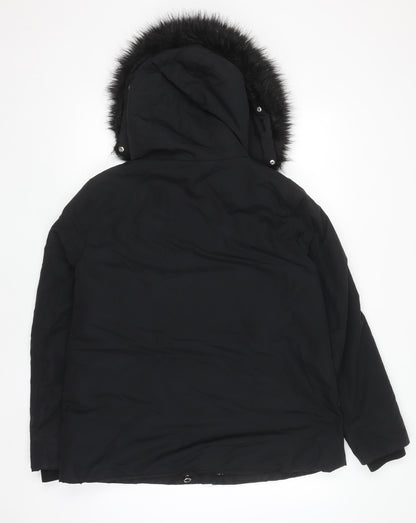 Zara Women Black Mid-Length Puffer Jacket with Faux Fur Hood Size 12
