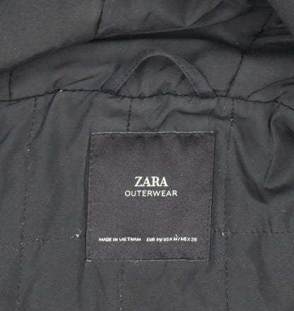 Zara Women Black Mid-Length Puffer Jacket with Faux Fur Hood Size 12