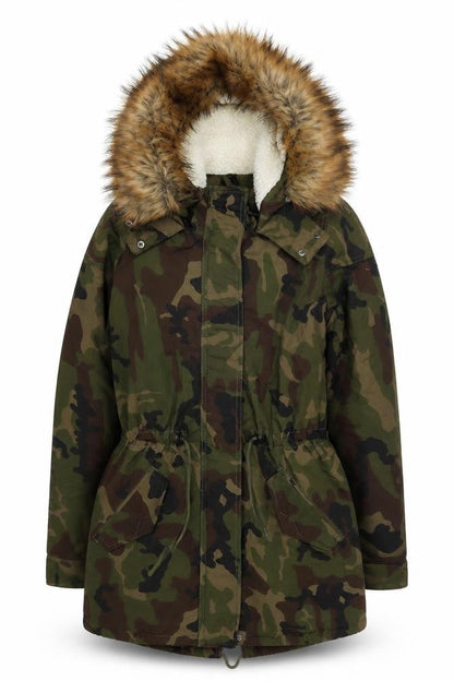 Front view of Only Women’s Green Camouflage Long Parka Jacket with Faux Fur Hood S