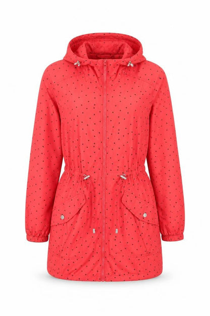 Front view of Papaya Weekend women’s red polka dot hooded anorak jacket, size UK 10
