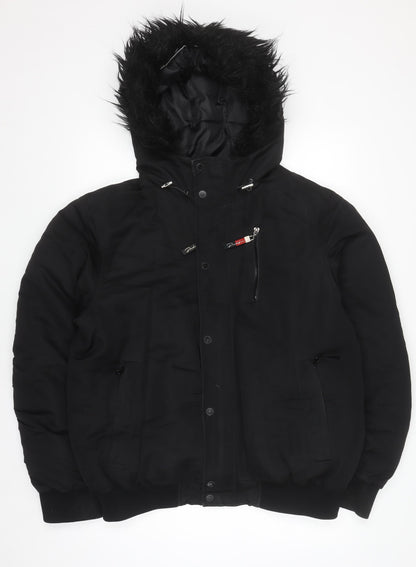 River Island Men's Black L Hooded Puffer Jacket Faux Fur Winter Coat