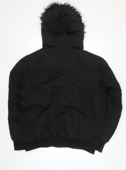 River Island Men's Black L Hooded Puffer Jacket Faux Fur Winter Coat