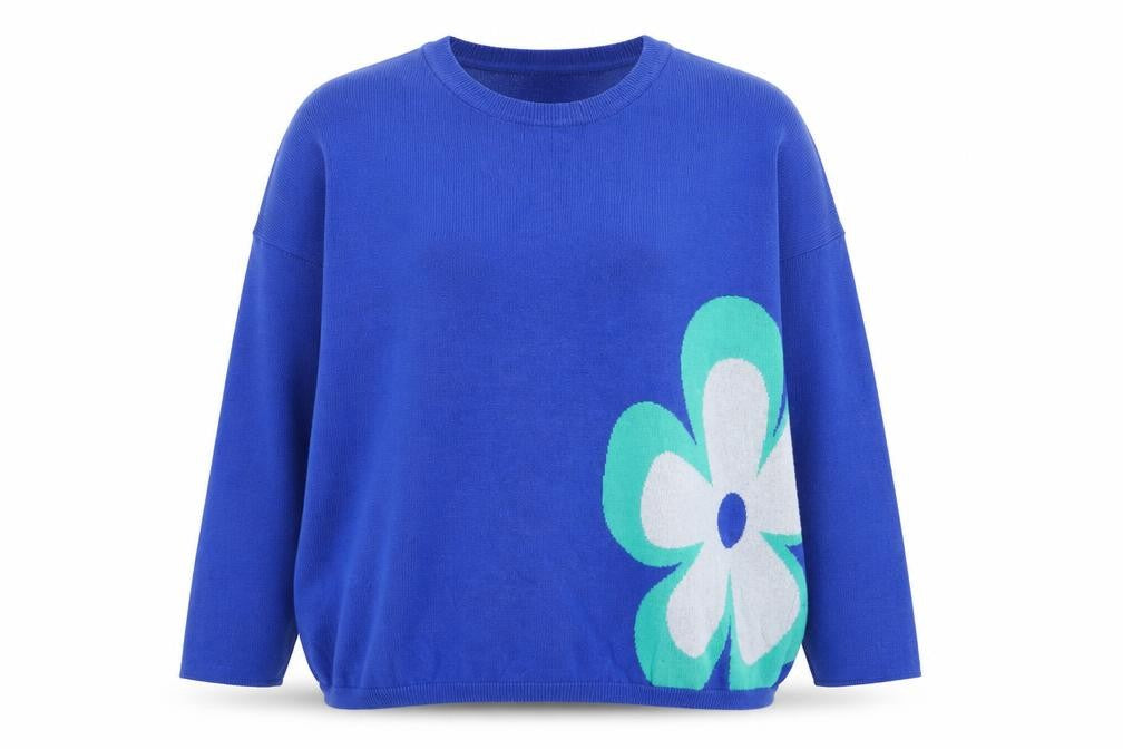 Haven Women Blue Cotton Flower Relaxed Pullover Jumper One Size