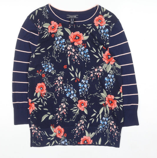 Lands' End Women's Blue Floral & Stripe Cotton Pullover Jumper L