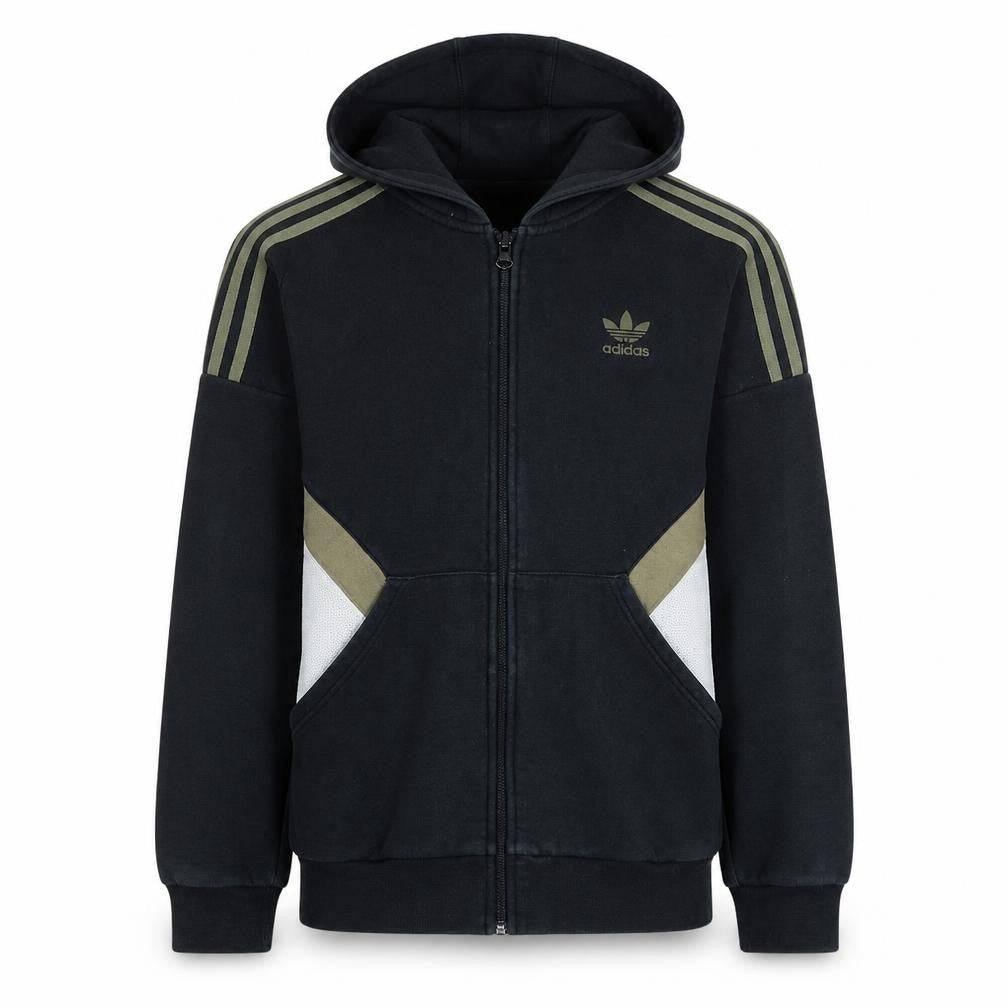 Front view of Adidas boys’ black full zip hoodie xl 15-16 years with logo & pockets