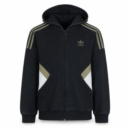 Front view of Adidas boys’ black full zip hoodie xl 15-16 years with logo & pockets