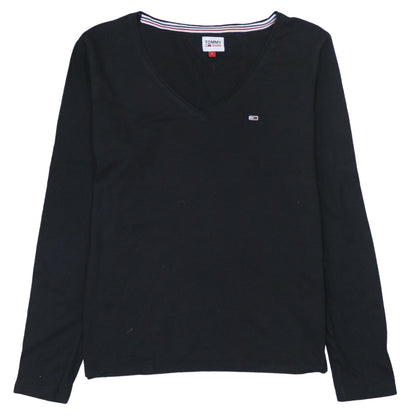 Tommy Jeans Womens Black Long Sleeve V-Neck Cotton T-Shirt L